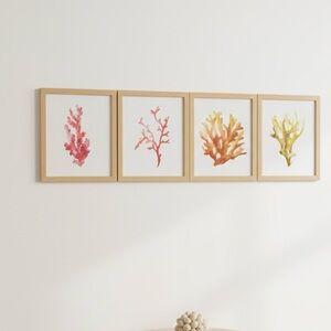 FOUR FRAMED SEASHELL CORAL PRINT WITH SHELL CLUSTER FIGURINE. READY TO HANG.